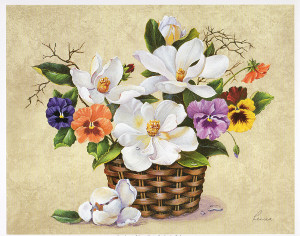 Pansies and Magnolias in a basket By Reina Pack of 6 prints Print Size 10 x 8 - 3629