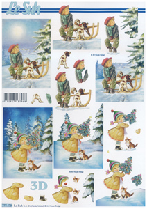 Boy and Pups and Girland Cat in the Snow at Christmas A4 Sheet - 777479