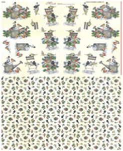 Birds with watering Can and chair in snow 3 small designs with Background Paper - X260